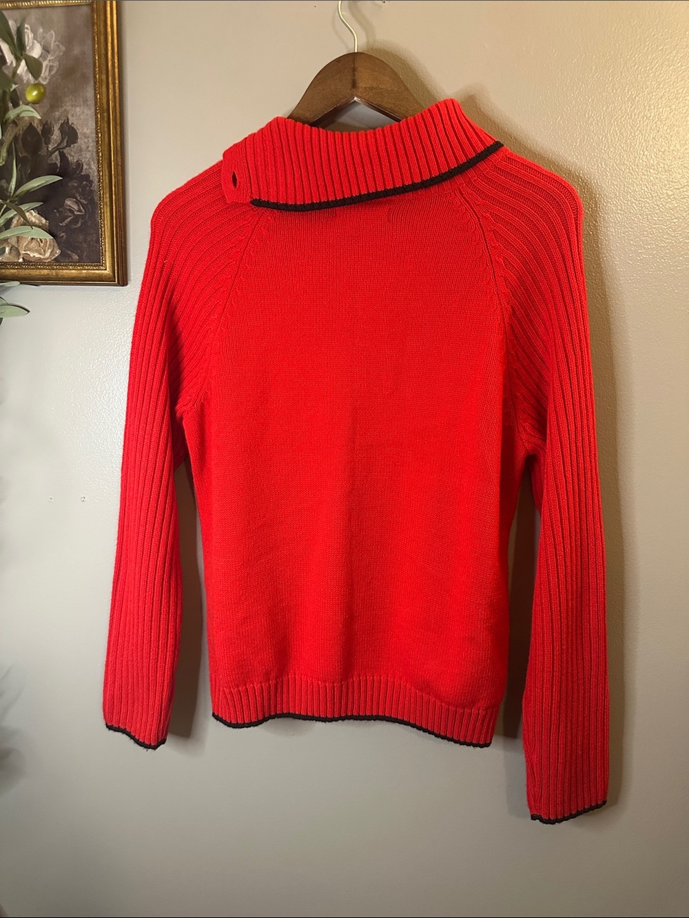 Mountain Lake Red Mock Neck Button Sweater Black Trim Large - Picture 7 of 8